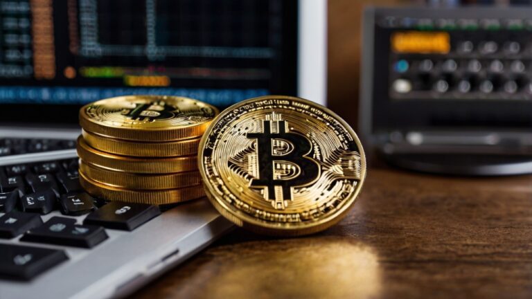 Bitcoin with a computer in the background