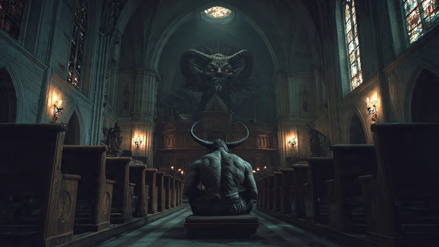 demons from the underworld, church horror style, dark atmosphere,