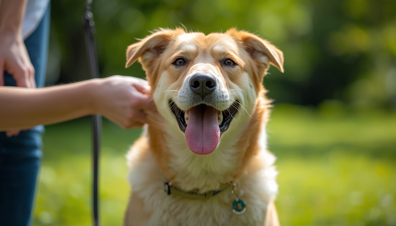 Ultra-realistic 4K veterinary scene showing a golden retriever carefully licking its front paw while sitting indoors, detailed paw close-up, visible concern from owner, natural lighting, highly detailed fur texture, professional pet photography, shallow depth of field.