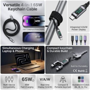 4-in-1 65W USB-C Keychain Charging Cable with Power Display