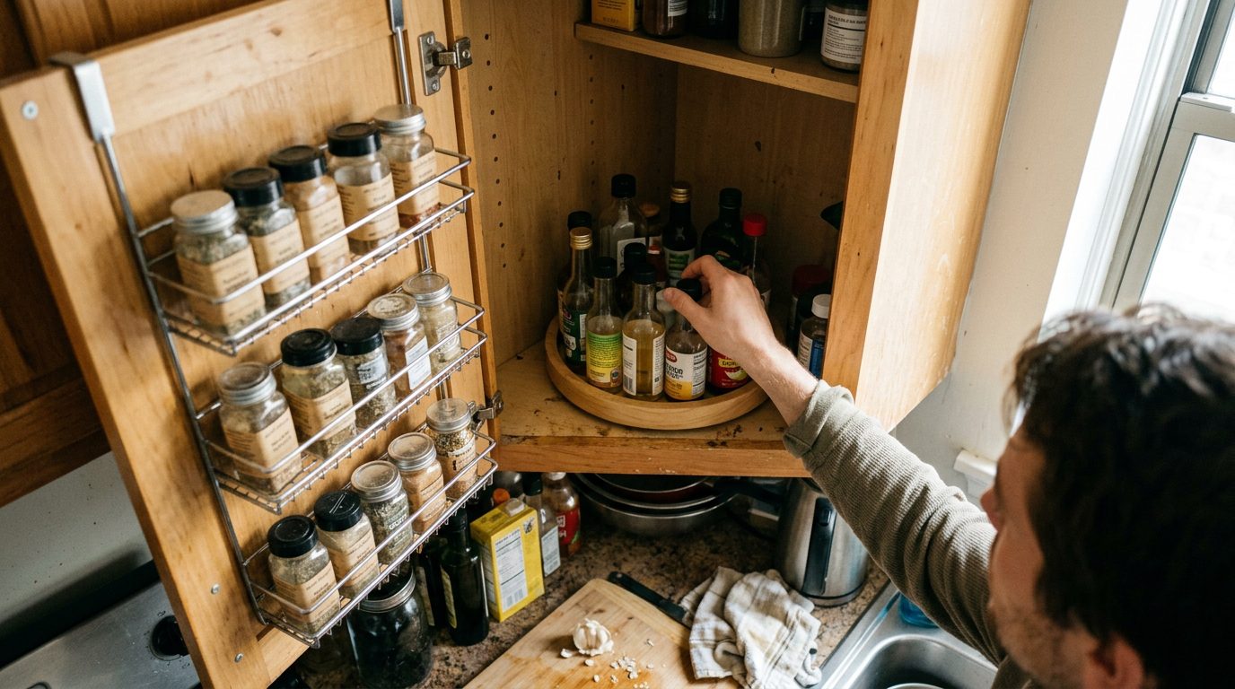 The Compact Apartment Hack Style: Ultra-photorealistic, high-end candid documentary photography, tactile realistic textures, 4K resolution, zero CGI or cartoon/digital art feel. Dramatic Scene Context: A high-angle overhead candid shot capturing a small, sunlit apartment kitchen. An open cupboard door reveals a clever over-the-door hanging metal rack filled with neatly organized spice jars, while a hand spins a smooth wooden Lazy Susan inside a tight corner shelf, bringing hidden items into instant view. The image creates a feeling of smart, satisfying space efficiency. Technical Camera Specs: Bright natural side-lighting from an adjacent window, 35mm wide-angle lens capturing deep spatial context, f/2.8 aperture maintaining crisp edge-to-edge detail across the wooden textures and glass reflections, neutral color grading with subtle film grain.